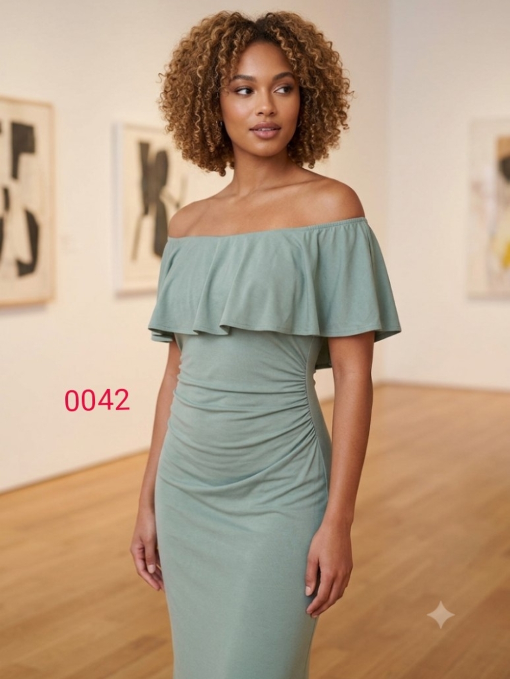 Connected Apparel Green Olive Off Shoulder Ruffle Ruched Maxi Dress Women Sze 10